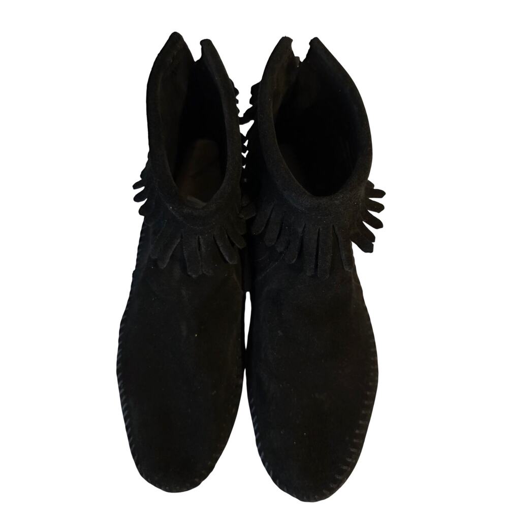 Minnetonka Black Suede Fringe Ankle Boots Moccasin Boho Indie Festival 9